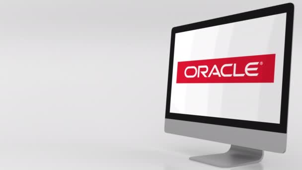 Moderne dataskjerm med Oracle-logo. 4K redaksjonell klipp – stockvideo