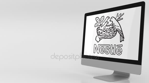 Moderni tietokone näyttö Nestle logo. 4K toimituksellinen leike — kuvapankkivideo