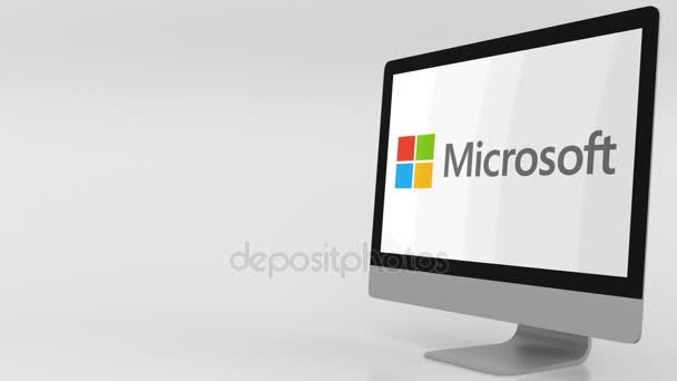 Tela de computador moderna com logotipo da Microsoft. Clipe editorial 4K — Vídeo de Stock