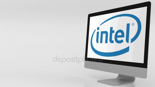 Modern datorskärm med Intel-logotypen. 4 k redaktionella klipp — Stockvideo