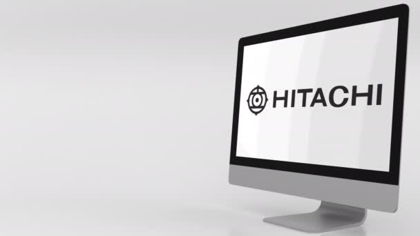 Moderner Computerbildschirm mit Hitachi-Logo. 4k Editorial Clip — Stockvideo