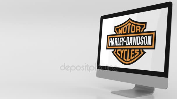 Σύγχρονο υπολογιστή οθόνη με το λογότυπο της Harley-Davidson. 4 k κλιπ συντακτική — Αρχείο Βίντεο