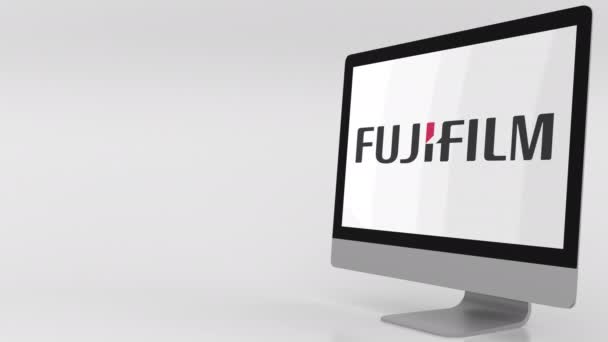 Schermo moderno con logo Fujifilm. Clip editoriale 4K — Video Stock