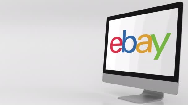 Pantalla de computadora moderna con logotipo de Ebay. Clip editorial 4K — Vídeos de Stock