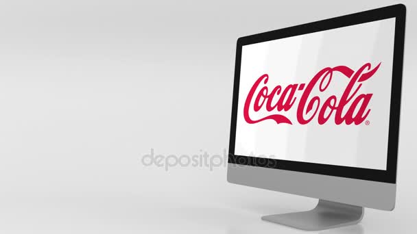 Moderner Computerbildschirm mit Coca-Cola-Logo. 4k Editorial Clip — Stockvideo