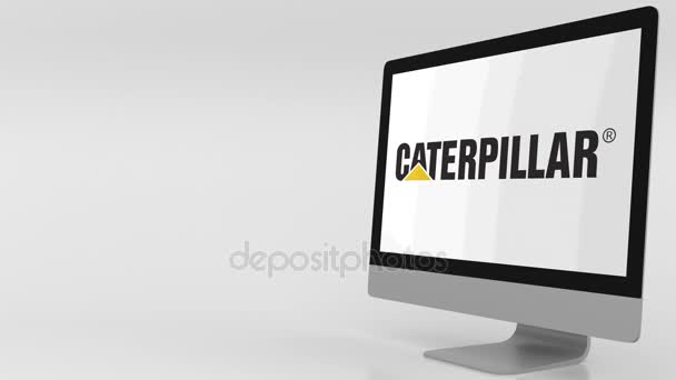 Σύγχρονο υπολογιστή οθόνη με το λογότυπο της Caterpillar. 4 k κλιπ συντακτική — Αρχείο Βίντεο