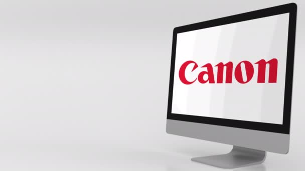 Moderner Computerbildschirm mit Canon-Logo. 4k Editorial Clip — Stockvideo