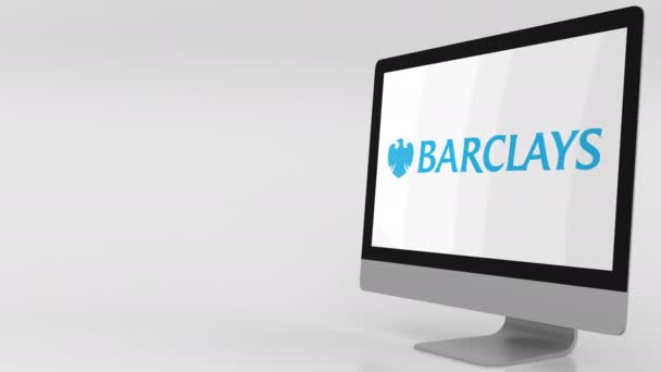 现代计算机屏幕与巴克莱银行的标志。4 k 编辑剪辑 — 图库视频影像