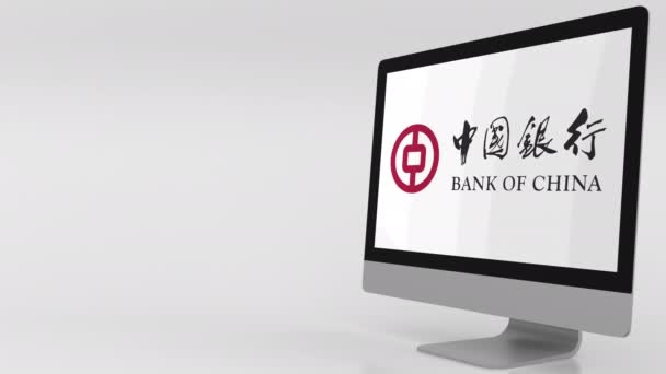 Moderne computerscherm met logo van de Bank Of China. 4 k redactionele clip — Stockvideo