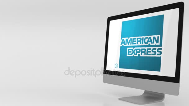 Tela de computador moderna com logotipo American-Express. Clipe editorial 4K — Vídeo de Stock