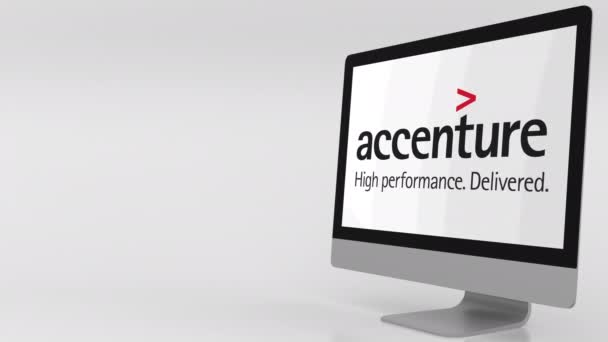 Pantalla de computadora moderna con el logotipo de Accenture. Clip editorial 4K — Vídeo de stock