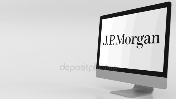 Tela de computador moderna com logotipo J.P. Morgan. Clipe editorial 4K — Vídeo de Stock