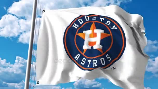 Acenando bandeira com Houston Astros logotipo da equipe profissional. Clipe editorial 4K — Vídeo de Stock