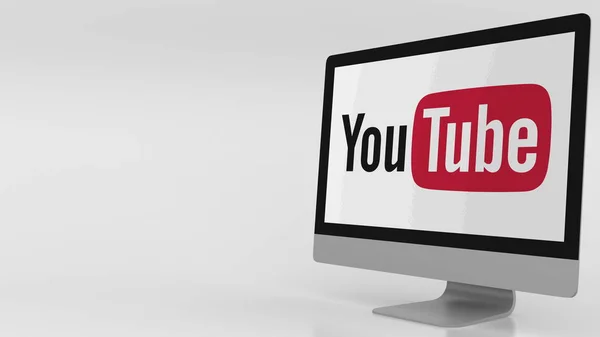 Écran d'ordinateur moderne avec logo Youtube. Editorial rendu 3D — Photo