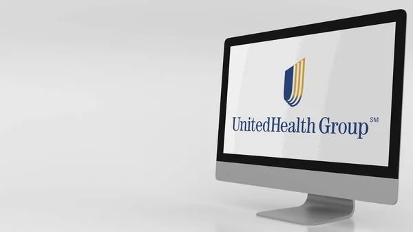 Modern számítógép képernyőjén csoport Unitedhealth logóval. Szerkesztői 3d-leképezés — Stock Fotó