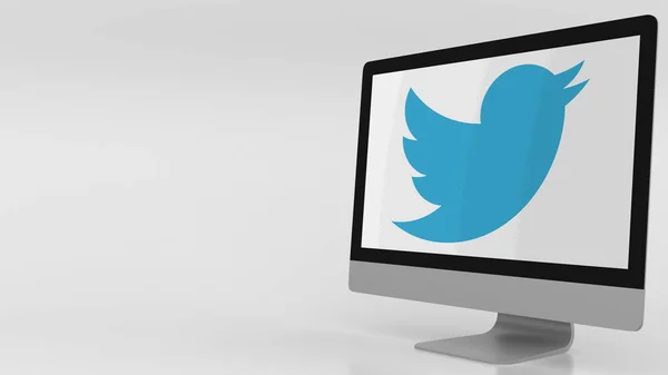 Pantalla de computadora moderna con logo de Twitter. Representación Editorial 3D — Foto de Stock