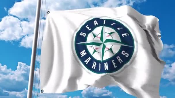 Viftande flagga med Seattle Mariners professionellt team logo. 4 k redaktionella klipp — Stockvideo