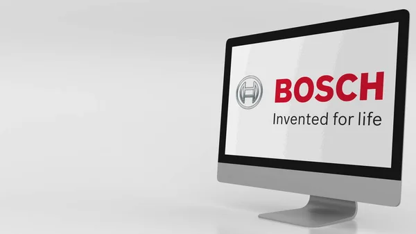 Modern számítógép képernyőjén Bosch logóval. Szerkesztői 3d-leképezés — Stock Fotó