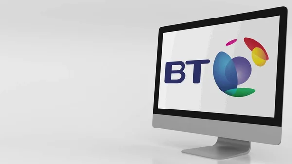 Tela de computador moderna com logotipo da British Telecom BT. Renderização 3D editorial — Fotografia de Stock