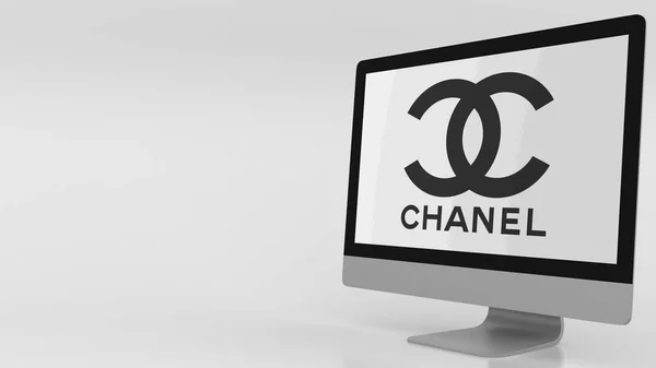 Chanel logosu ile modern bilgisayar ekran. Editoryal 3d render — Stok fotoğraf