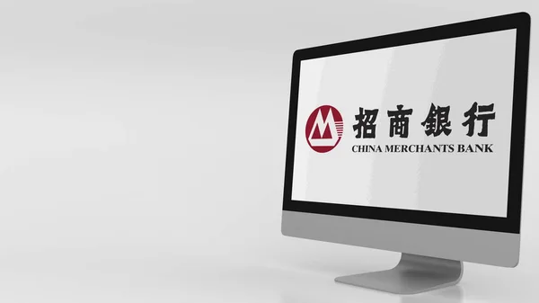 Pantalla de computadora moderna con el logotipo de China Merchants Sbank. Representación Editorial 3D — Foto de Stock