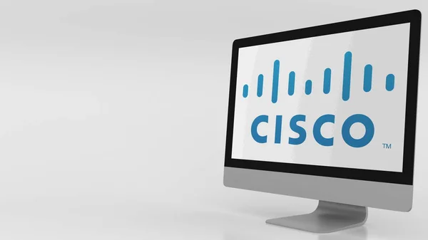 Pantalla de computadora moderna con logotipo de Cisco. Representación Editorial 3D — Foto de Stock