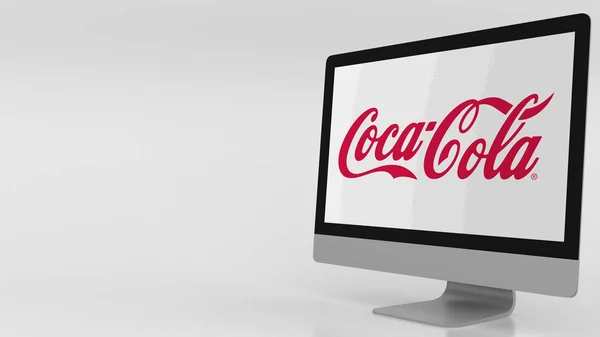 现代计算机屏幕与可口可乐的商标。编辑 3d 渲染 — 图库照片
