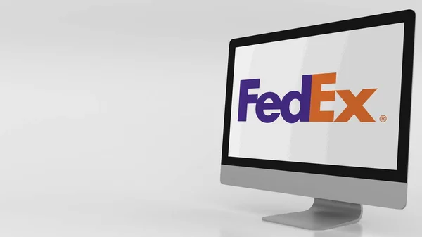 Modern számítógép képernyőjén Fedex logóval. Szerkesztői 3d-leképezés — Stock Fotó