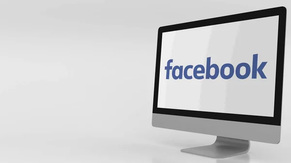 Schermo del computer moderno con logo Facebook. Rendering editoriale 3D — Foto Stock