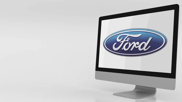 Pantalla de computadora moderna con logotipo de Ford. Representación Editorial 3D —  Fotos de Stock