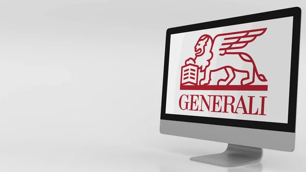 Schermo moderno con logo Generali. Rendering editoriale 3D — Foto Stock