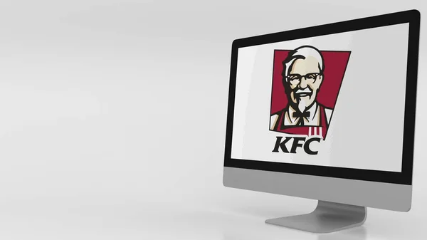 Modern számítógép képernyőjén Kfc logóval. Szerkesztői 3d-leképezés — Stock Fotó