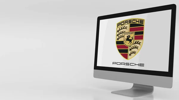 Modern számítógép képernyőjén Porsche logóval. Szerkesztői 3d-leképezés — Stock Fotó