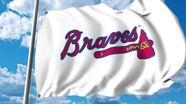 Bandera ondeando con Atlanta Braves logo del equipo profesional. Representación Editorial 3D — Foto de Stock