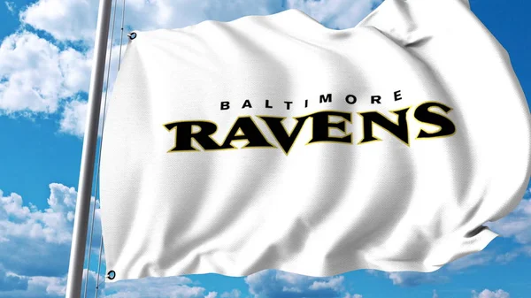 Drapeau agitant avec le logo de l'équipe professionnelle des Ravens de Baltimore. Editorial rendu 3D — Photo
