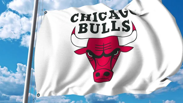 Wapperende vlag met Chicago Bulls professioneel team logo. Redactioneel 3D-rendering — Stockfoto