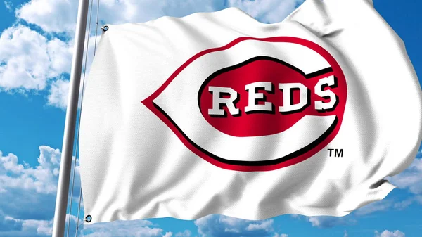 Waving flag with Cincinnati Reds professional team logo. Editorial 3D rendering — Stock Photo, Image