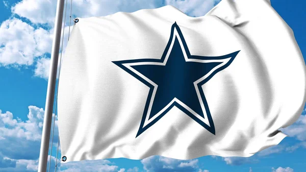 Acenando bandeira com Dallas Cowboys logotipo da equipe profissional. Renderização 3D editorial — Fotografia de Stock