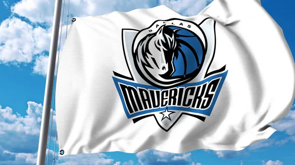 Viftande flagga med Dallas Mavericks professionellt team logo. Redaktionella 3d-rendering — Stockfoto