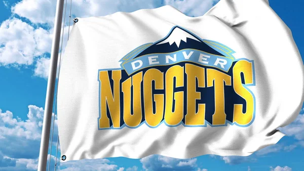 Vlající vlajka s logem profesionální tým Denver Nuggets. Úvodník 3d vykreslování — Stock fotografie