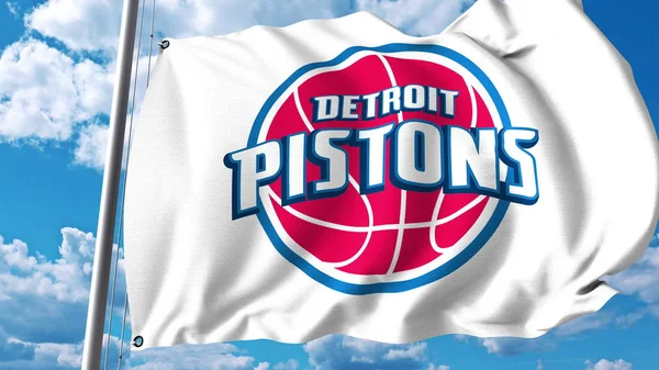 Viftande flagga med Detroit Pistons professionellt team logo. Redaktionella 3d-rendering — Stockfoto