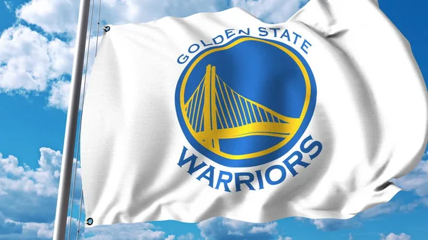 Viftande flagga med Golden State Warriors professionellt team logo. Redaktionella 3d-rendering — Stockfoto