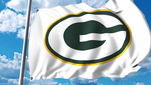 Viftande flagga med Green Bay Packers professionellt team logo. Redaktionella 3d-rendering — Stockfoto