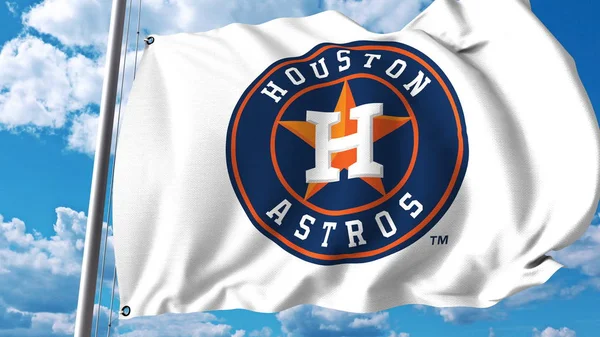 Bandiera sventolante con logo della squadra professionale Houston Astros. Rendering editoriale 3D — Foto Stock