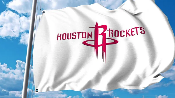 Houston Rockets profesyonel takım logolu bayrak sallıyor. Editoryal 3d render — Stok fotoğraf