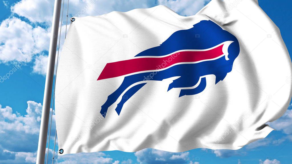 Waving flag with Buffalo Bills professional team logo. Editorial 3D