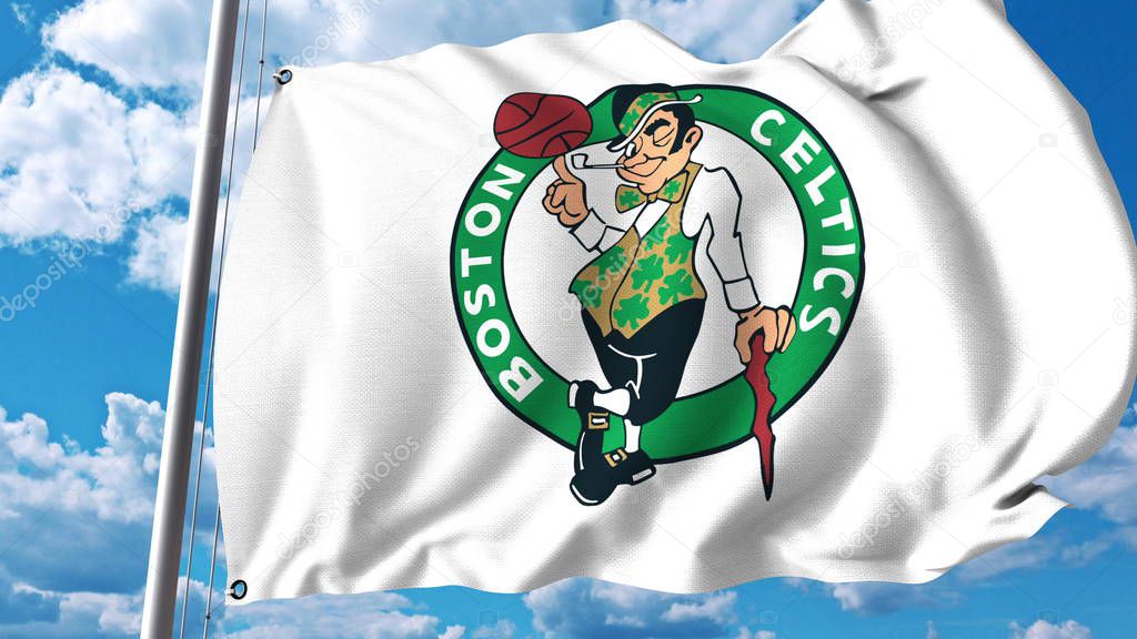 Waving flag with Boston Celtics professional team logo. Editorial 3D
