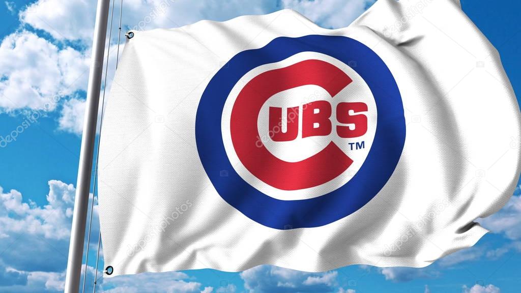 Waving flag with Chicago Cubs professional team logo. Editorial 3D