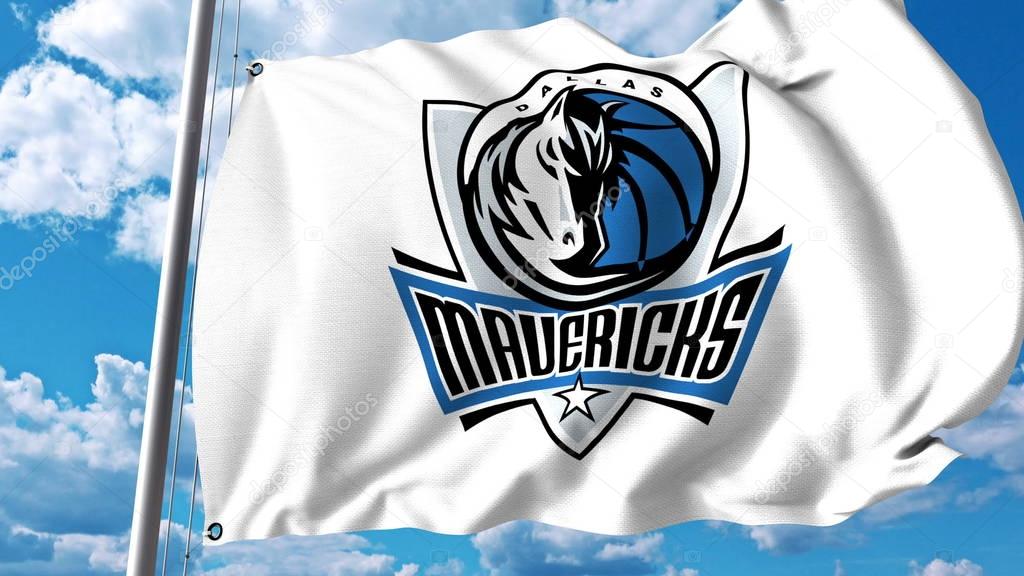 Waving flag with Dallas Mavericks professional team logo. Editorial 3D