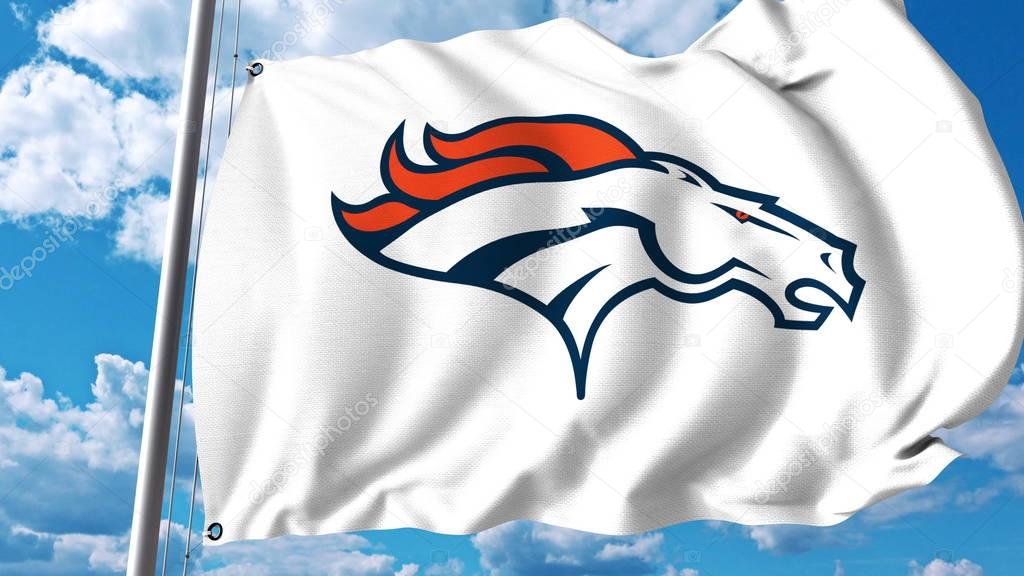 Waving flag with Denver Broncos professional team logo. Editorial 3D